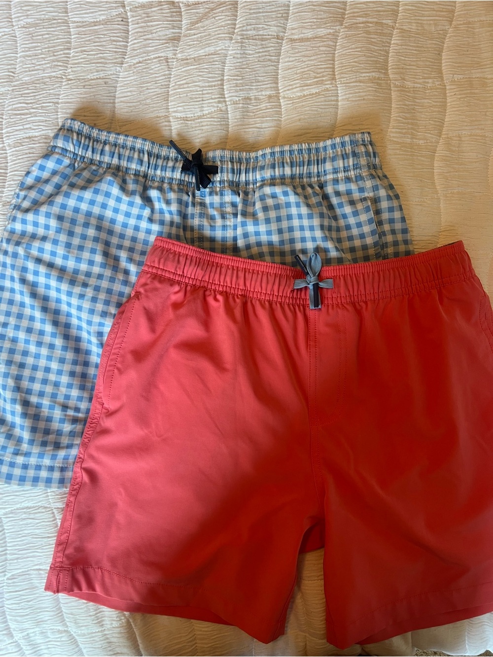 Southern Tide Boys Blue Gingham & Coral Swim Trunks